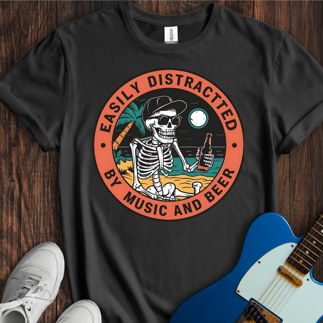Easily Distracted by Music and Beer Skeleton Graphic T-Shirt