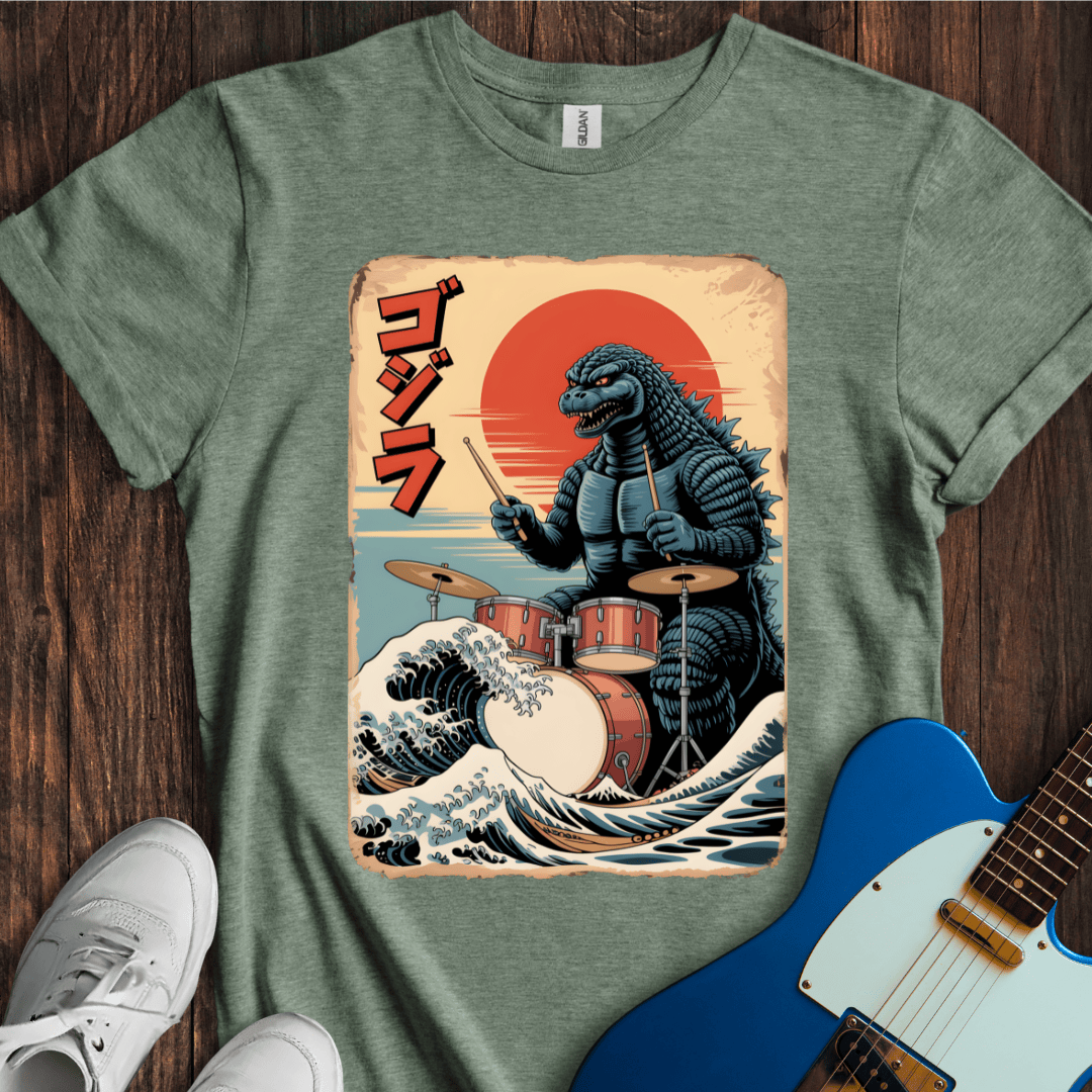 Godzilla Drummer Great Wave T-Shirt - Retro Japanese Kaiju Tee